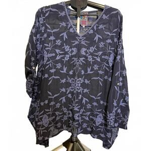 JOHNNY WAS M TUNIC LONG SLEEVE BOHO NAVY BLUE TOP EMBROIDERED SILKY BLOUSE NWOT